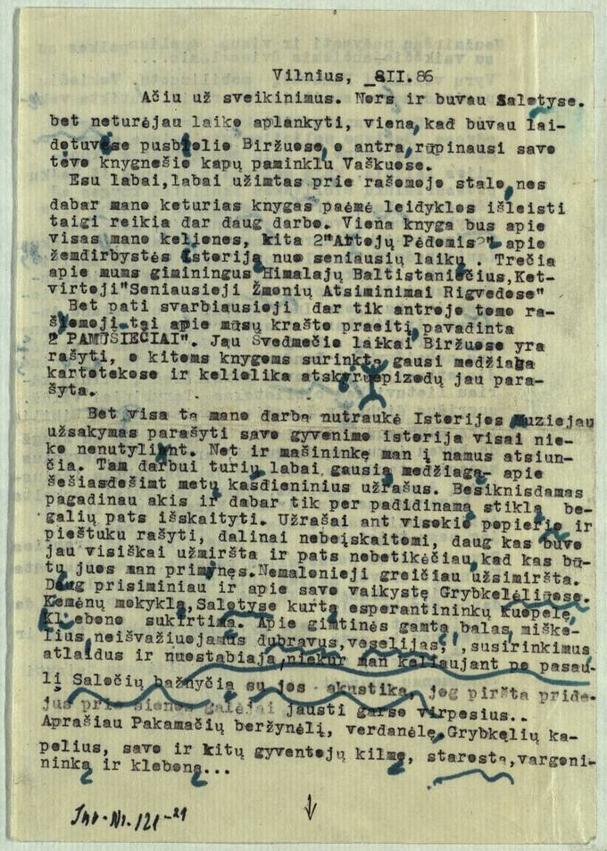Keliautojo, mokslininko, rašytojo Antano Poškos 1986 m. vasario 8 d. laiškas salotiečiams